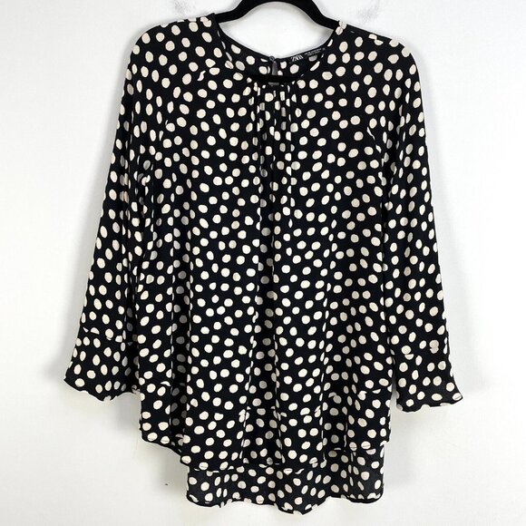 ZARA Womens Black & White Polka Dot Blouse Size XS Long Sleeve Tunic Top Shirt - Picture 1 of 11